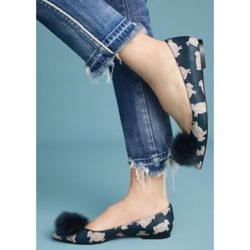 NEW Kate Spade Elen Fox Glen Pom Ballet Flats Navy Burgundy Size 9 New in Box - Picture 2 of 7